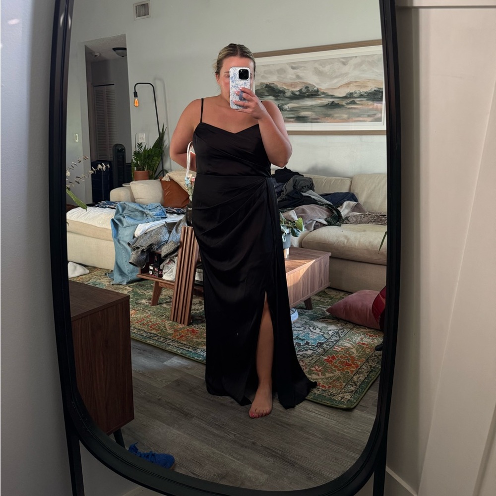 Azazie black Stretch satin, custom size dress - see tag in photos for sizing